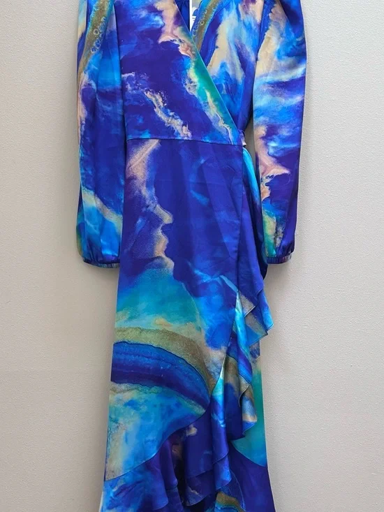 Alana Kay Art wrap ruffle dress blue abstract GORGEOUS NWT Small - Picture 4 of 7